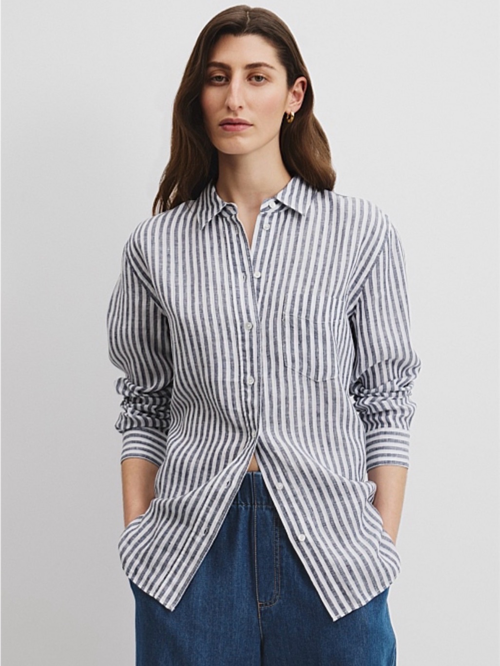 Country Road Button Up Shirt Sz 4 Women’s Organic Linen Striped Preppy Classic